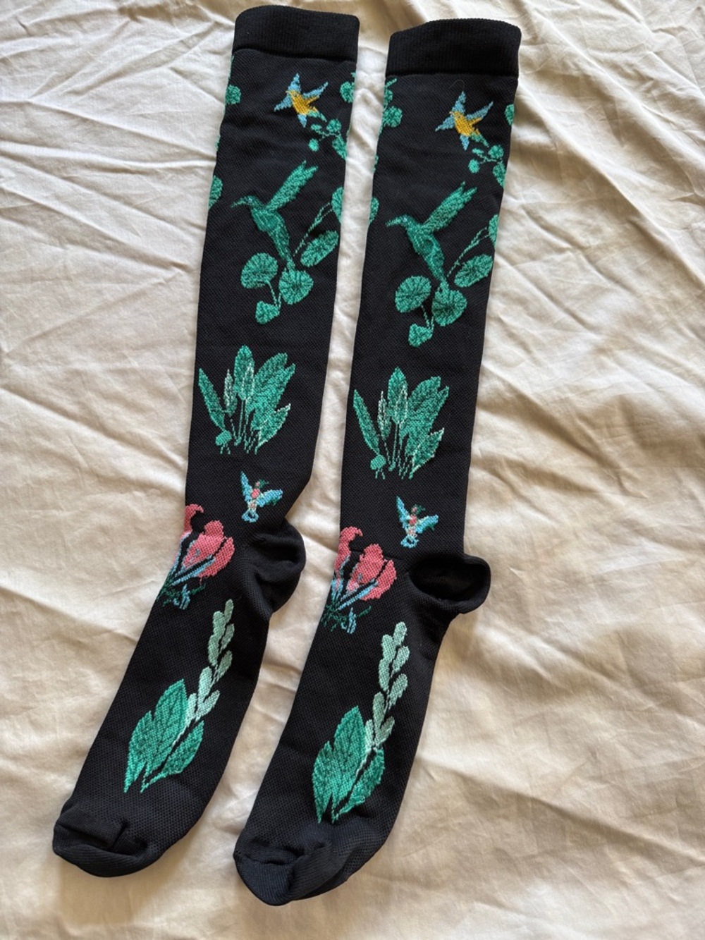 Black Hummingbird & Floral Knee-High Socks